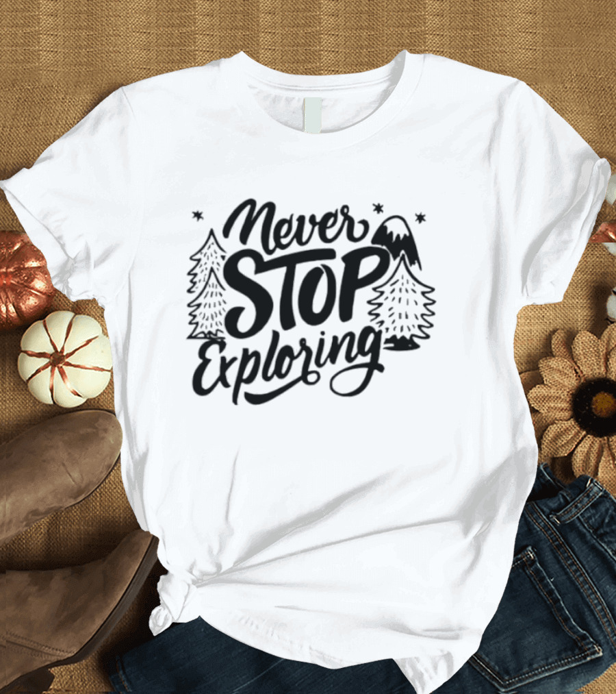 Never Stop Exploring Pine Trees Snowy Mountain Peak Stars T-Shirt