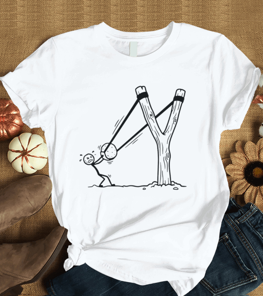 Stick Figure Slingshot Cartoon Pulling Back T-Shirt