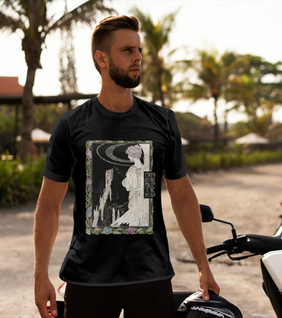 Angel Nouveau Unraveled Floral Frame Illustrative Art Winged Celestial Figure T-Shirt