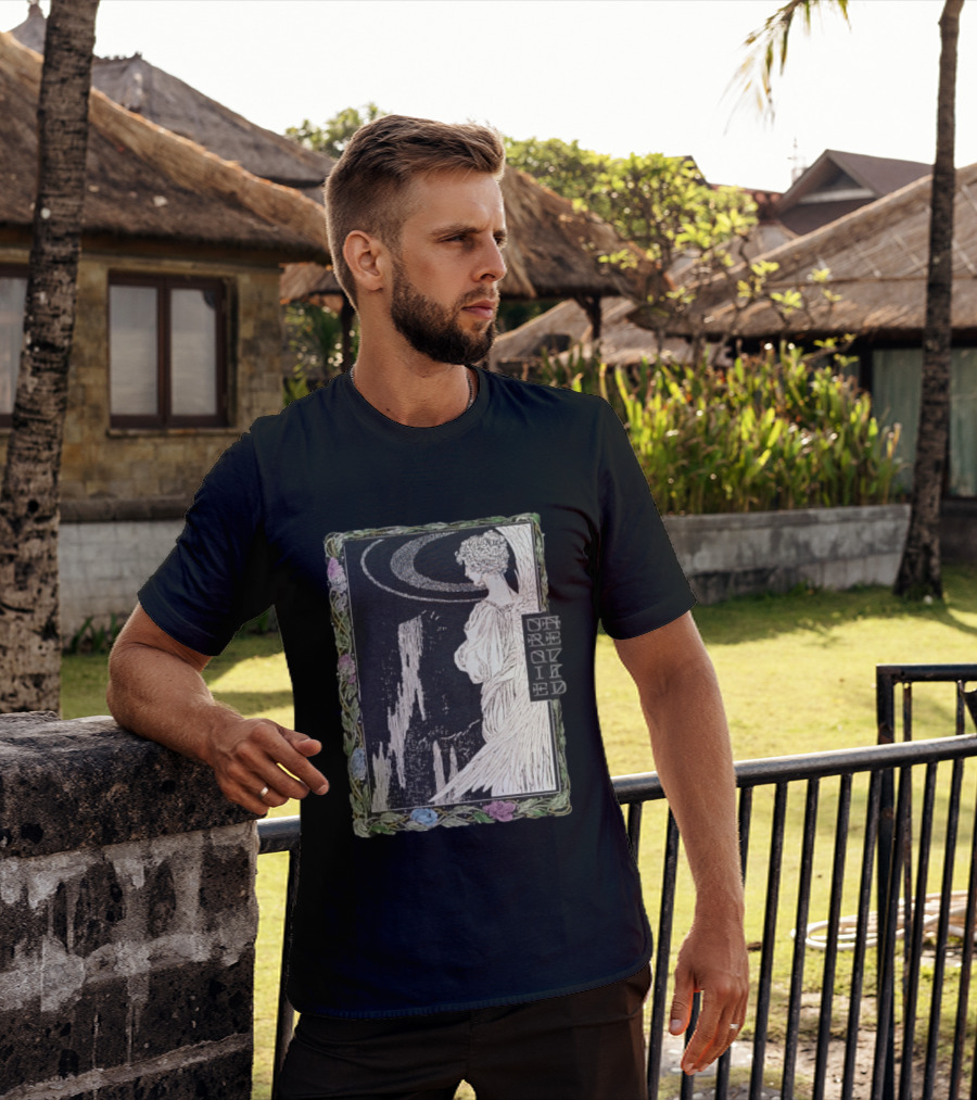 Angel Nouveau Unraveled Floral Frame Illustrative Art Winged Celestial Figure T-Shirt