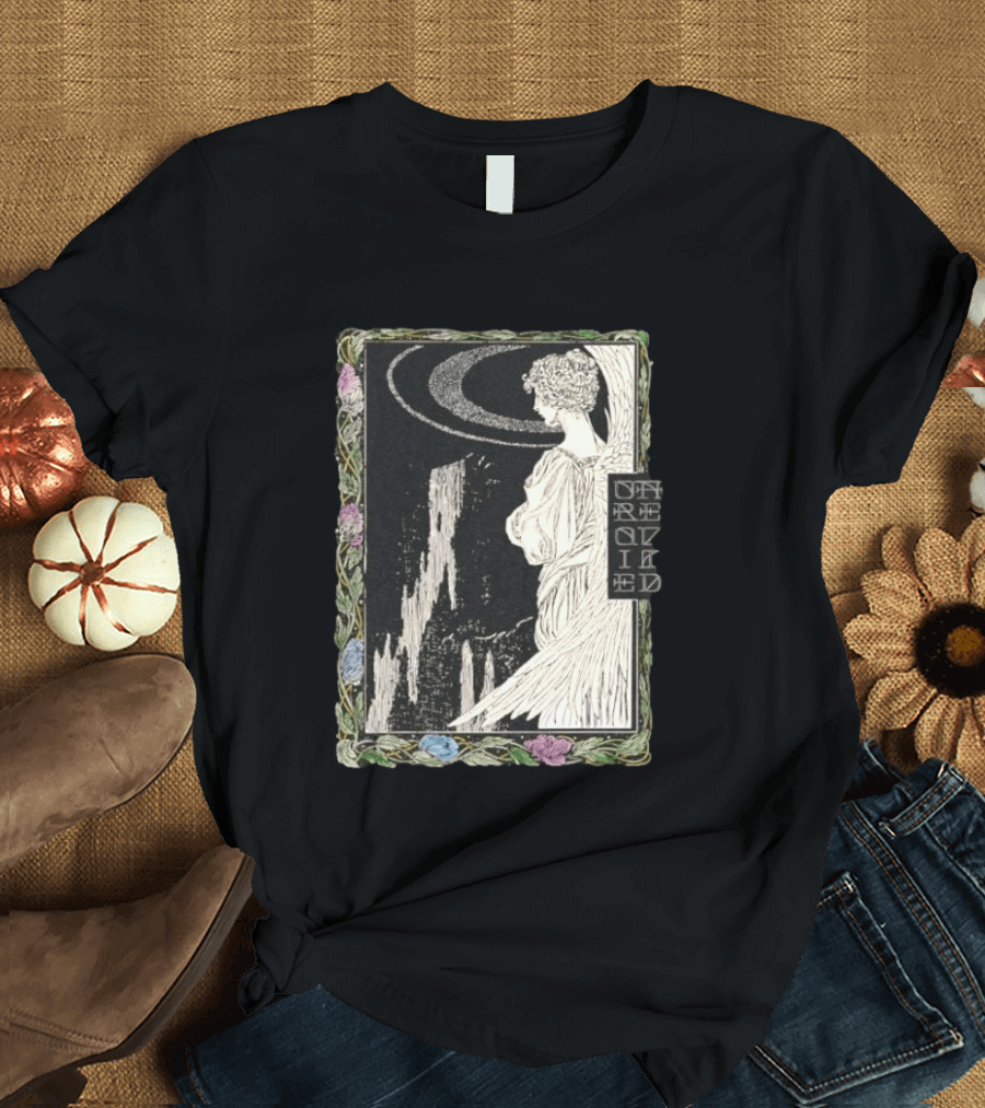 Angel Nouveau Unraveled Floral Frame Illustrative Art Winged Celestial Figure T-Shirt