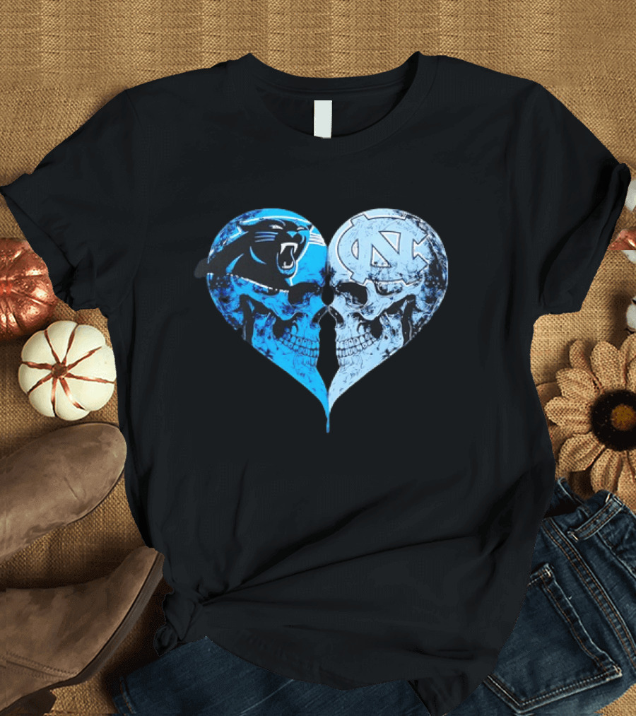 Carolina Panthers North Carolina Tar Heels Skulls Face To Face Heart Shape T-Shirt