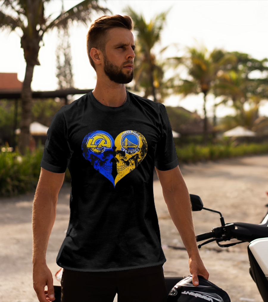 Los Angeles Rams Golden State Warriors Heart Shaped Skulls Distressed T-Shirt