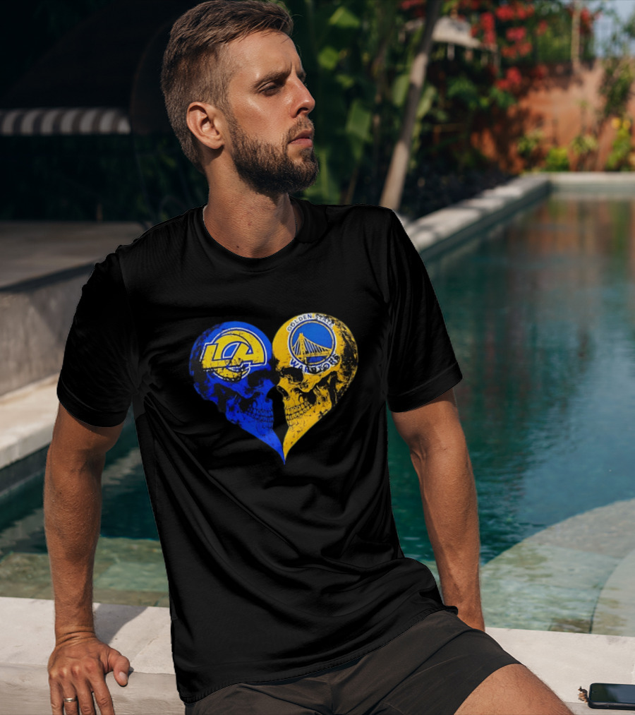 Los Angeles Rams Golden State Warriors Heart Shaped Skulls Distressed T-Shirt