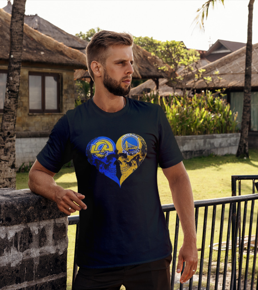 Los Angeles Rams Golden State Warriors Heart Shaped Skulls Distressed T-Shirt