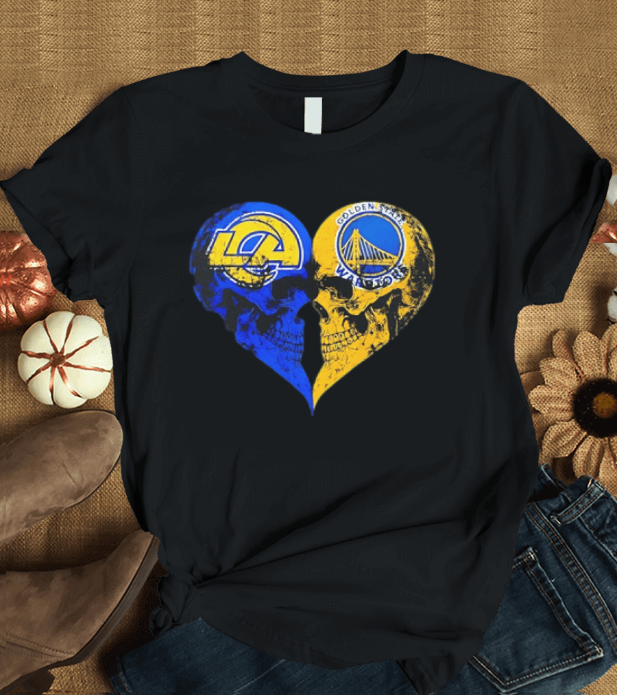 Los Angeles Rams Golden State Warriors Heart Shaped Skulls Distressed T-Shirt