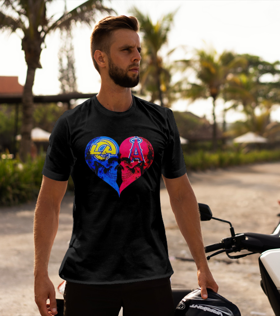 Los Angeles Rams Vs Los Angeles Angels Skulls Heart Face To Face Distressed T-Shirt