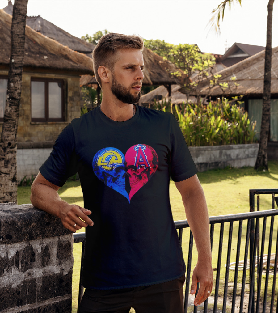 Los Angeles Rams Vs Los Angeles Angels Skulls Heart Face To Face Distressed T-Shirt