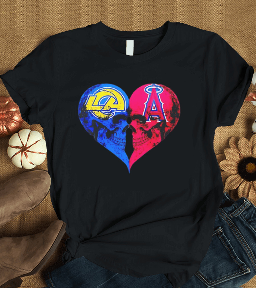 Los Angeles Rams Vs Los Angeles Angels Skulls Heart Face To Face Distressed T-Shirt