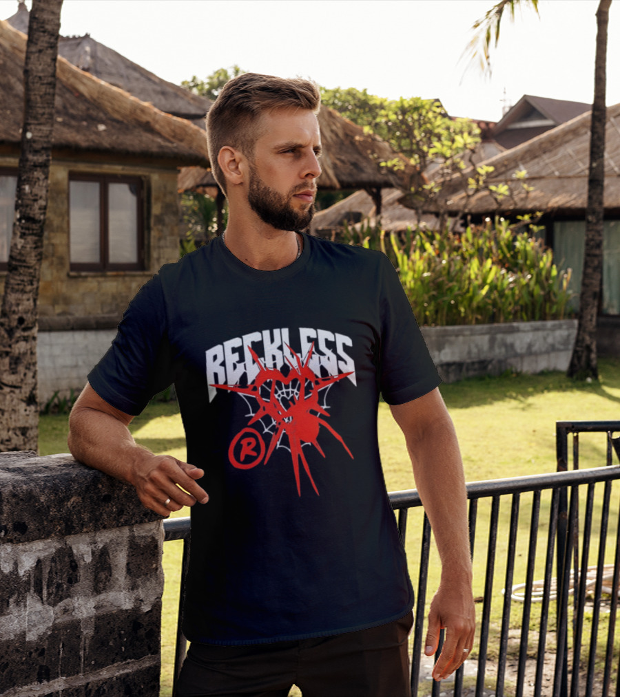Reckless Web Heart With Spiky Red Symbol And R T-Shirt