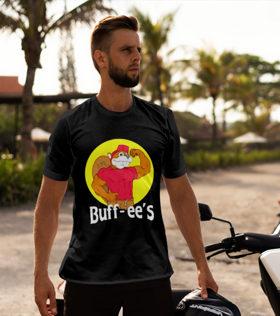 Buff Ee's Strong Muscular Beaver Character In Red Outfit T-Shirt