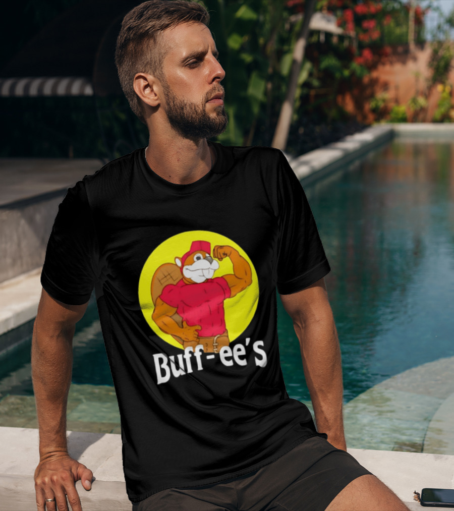 Buff Ee's Strong Muscular Beaver Character In Red Outfit T-Shirt