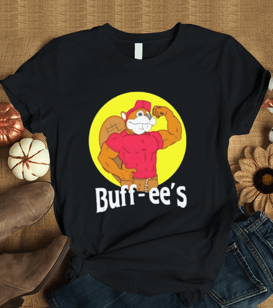 Buff Ee's Strong Muscular Beaver Character In Red Outfit T-Shirt