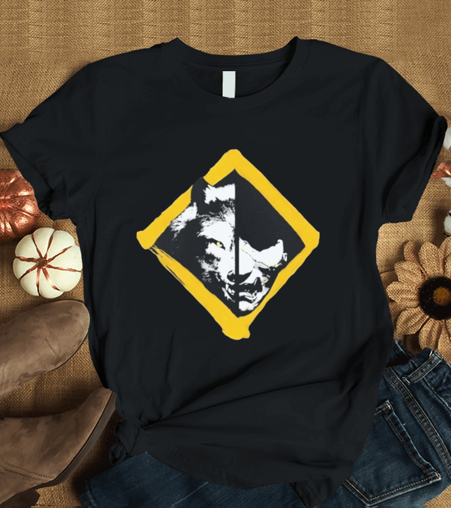 Wolf And Boar Split Face Diamond Yellow Border T-Shirt