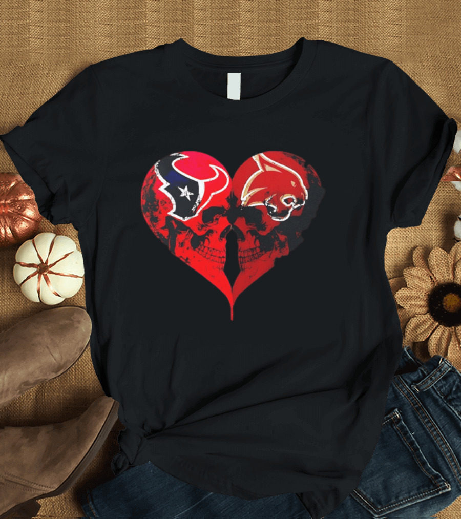 Houston Texans And Tampa Bay Buccaneers Skulls Heart Shape Distressed T-Shirt