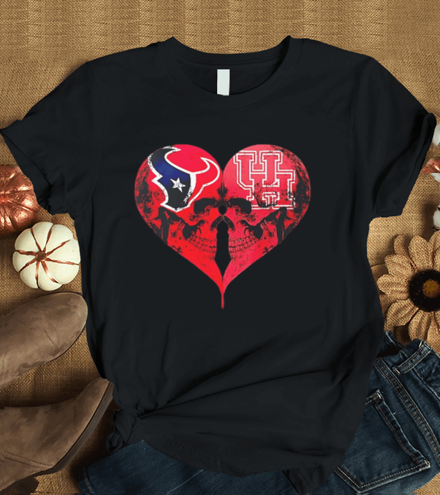 Houston Texans University Of Houston Cougars Heart Shaped Skulls Football Fans T-Shirt
