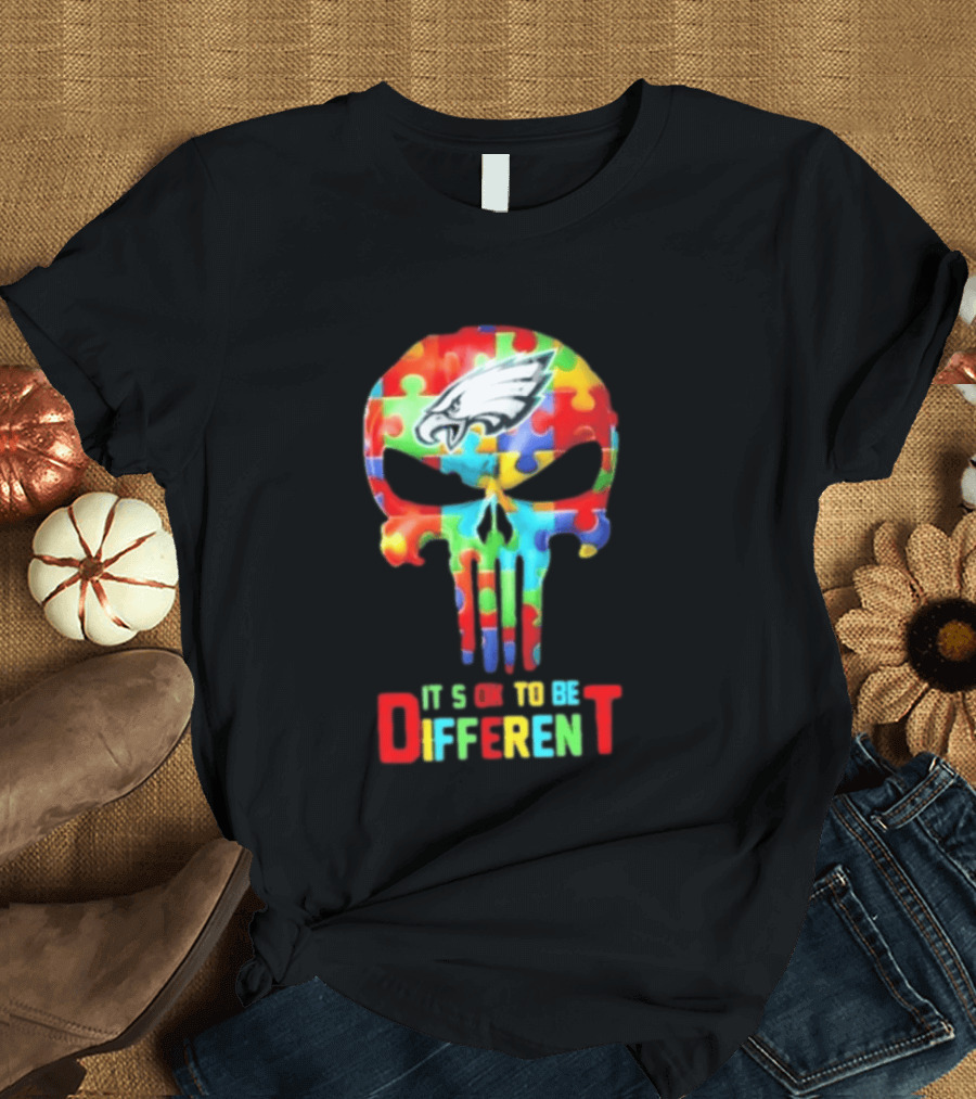Philadelphia Eagles Skull Puzzle Autism Awareness It's Ok To Be Different T-Shirt