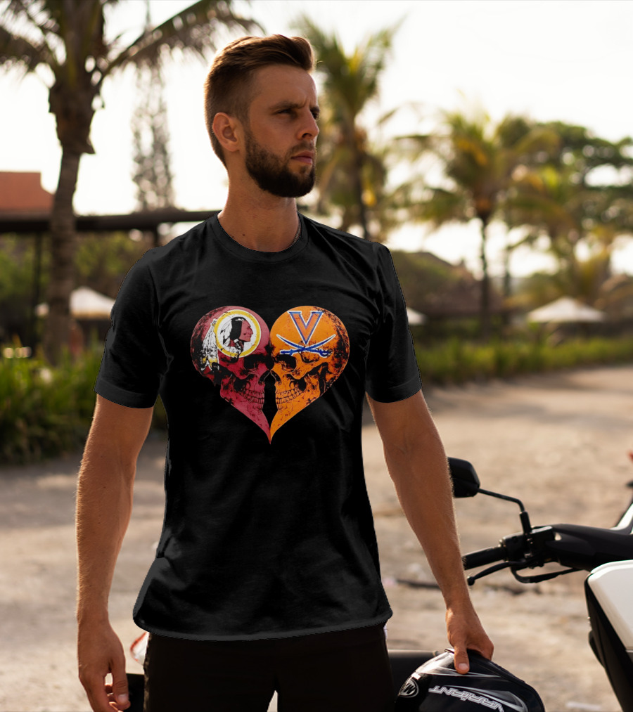 Washington Redskins Virginia Cavaliers Skulls Face To Face Heart Shape Distressed T-Shirt