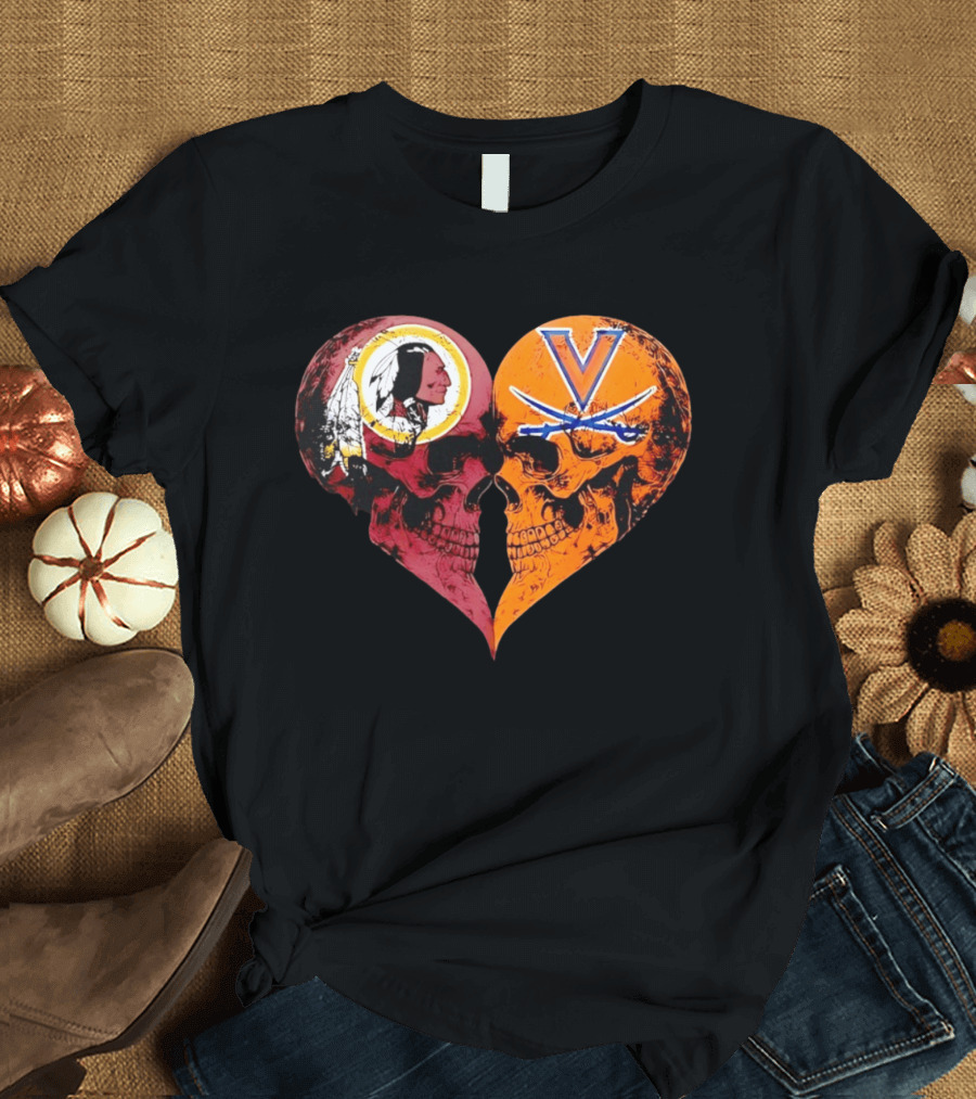 Washington Redskins Virginia Cavaliers Skulls Face To Face Heart Shape Distressed T-Shirt