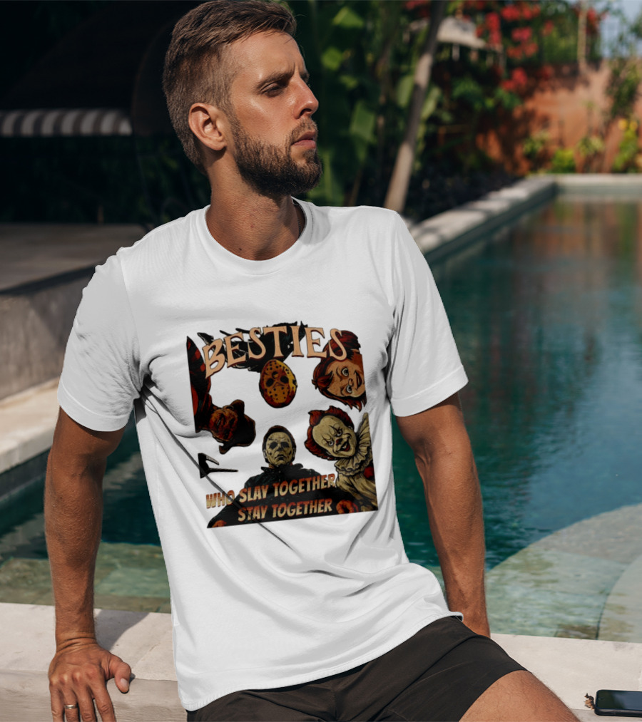 BESTIES Horror Movie Characters Mask Iconic Slayers Pennywise Knife Doll Together T-Shirt