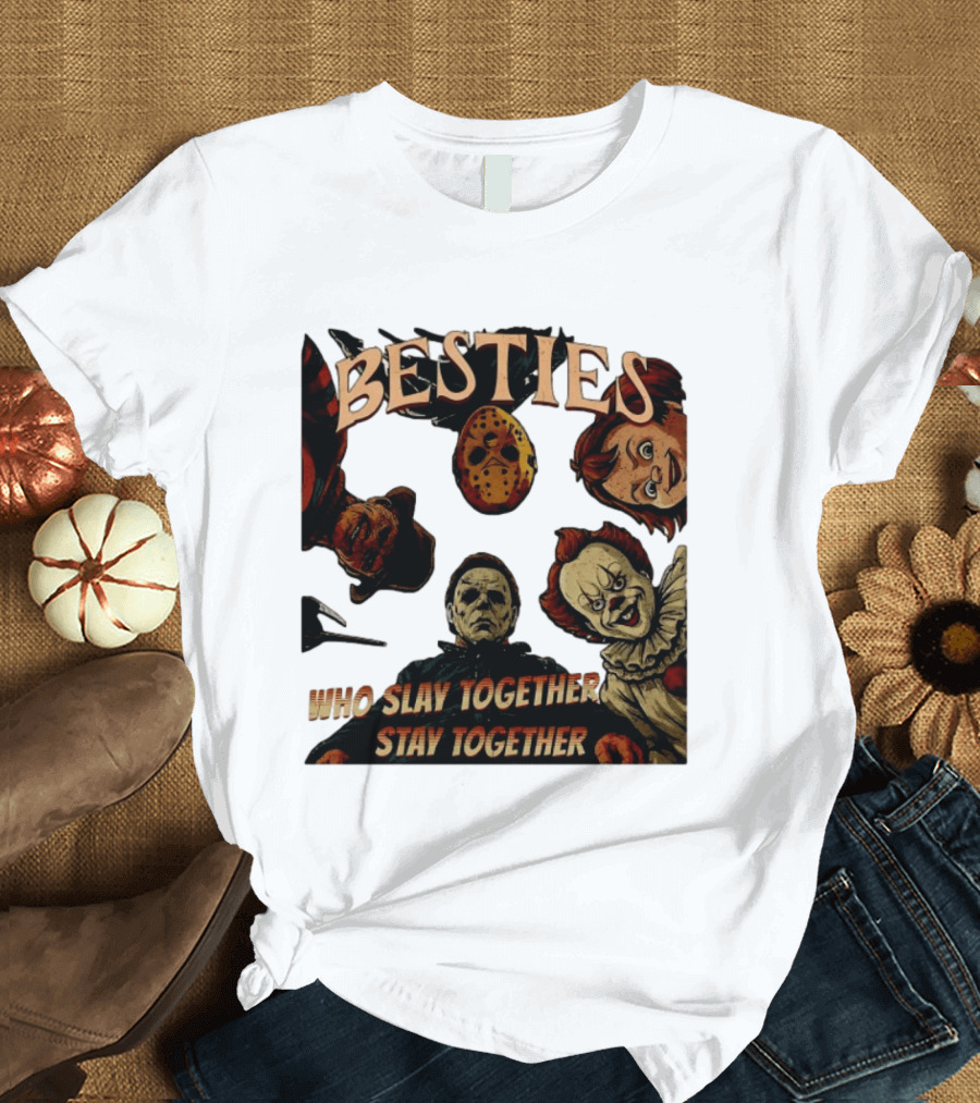 BESTIES Horror Movie Characters Mask Iconic Slayers Pennywise Knife Doll Together T-Shirt