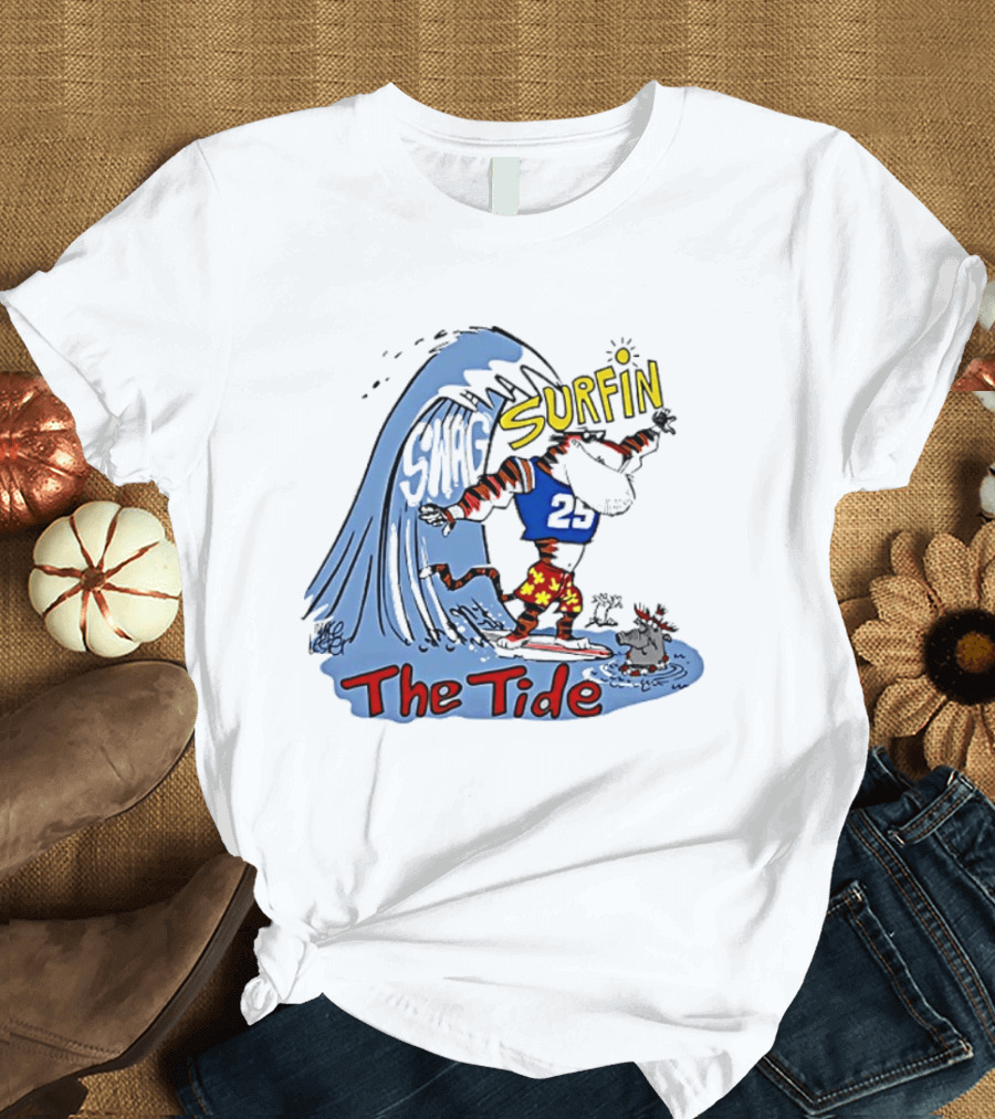 Classic Alabama Gameday Surfin The Tide Tiger In Red Flower Shorts Riding Wave T-Shirt