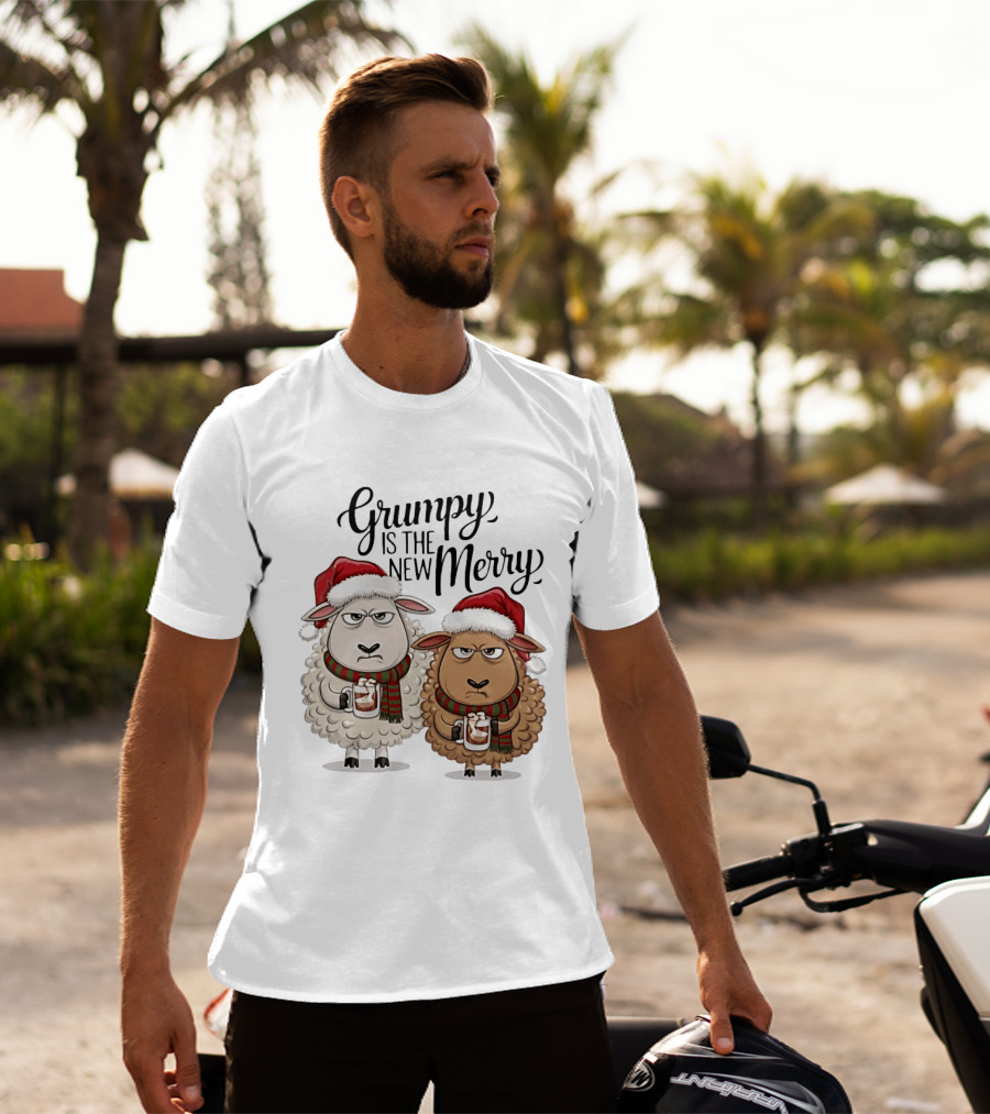 Grumpy Is The New Merry Christmas Sheep Santa Hat Holiday Humor T-Shirt