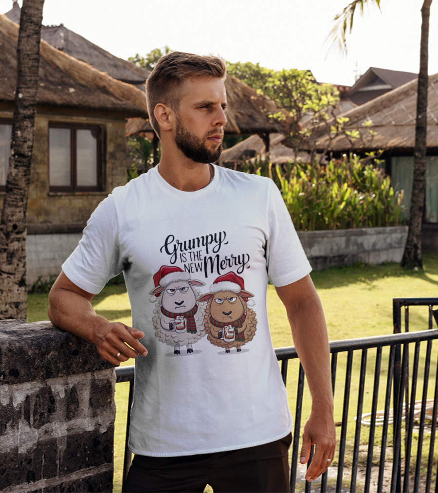 Grumpy Is The New Merry Christmas Sheep Santa Hat Holiday Humor T-Shirt