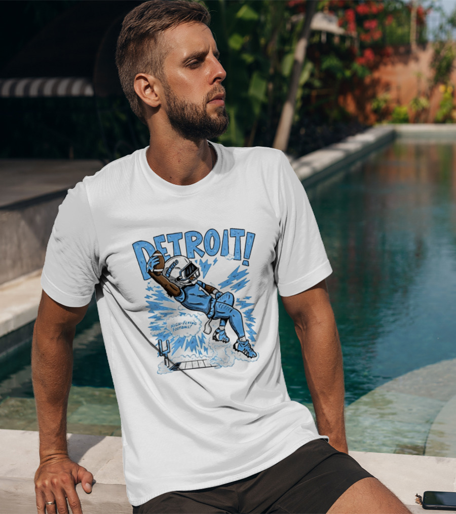 Detroit Lions High Flying Football Dynamic Catch Comic T-Shirt