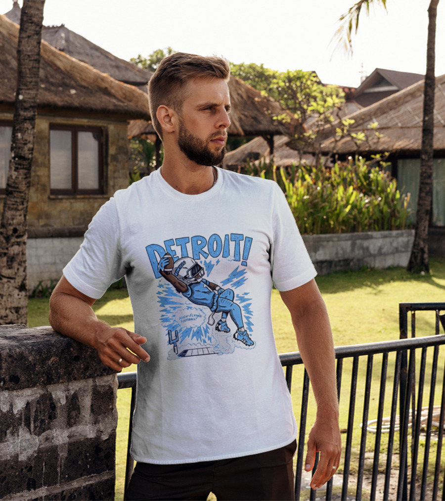 Detroit Lions High Flying Football Dynamic Catch Comic T-Shirt