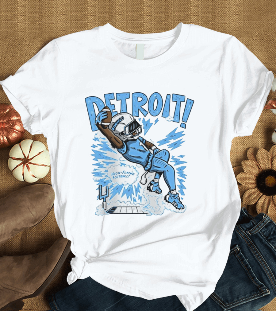 Detroit Lions High Flying Football Dynamic Catch Comic T-Shirt