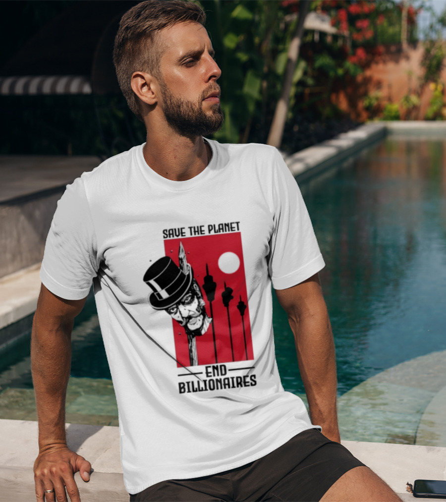 Original Save The Planet End Billionaires Top Hat Monopoly Man Red Sun T-Shirt