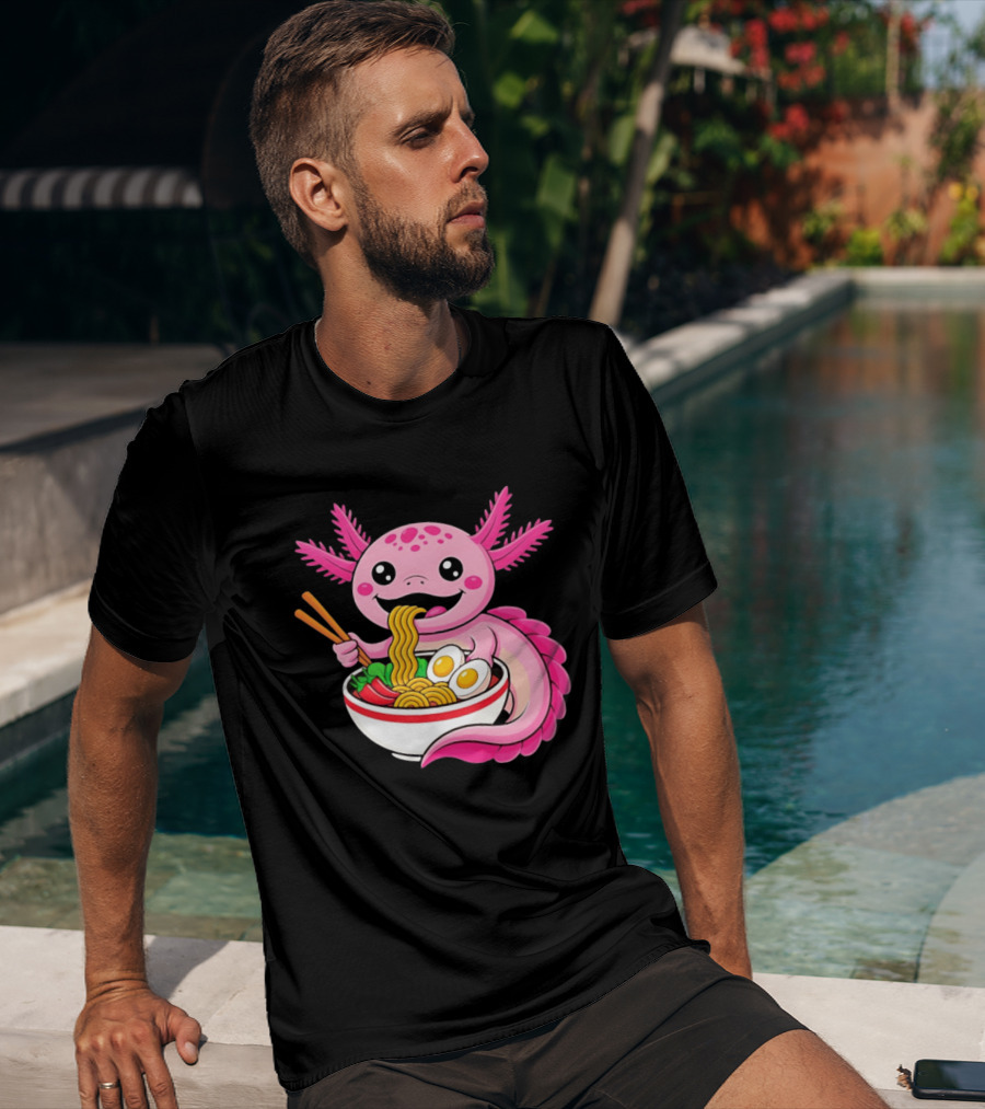 Axolotl Eating Ramen Kawaii Style With Chopsticks And Eggs T-Shirt