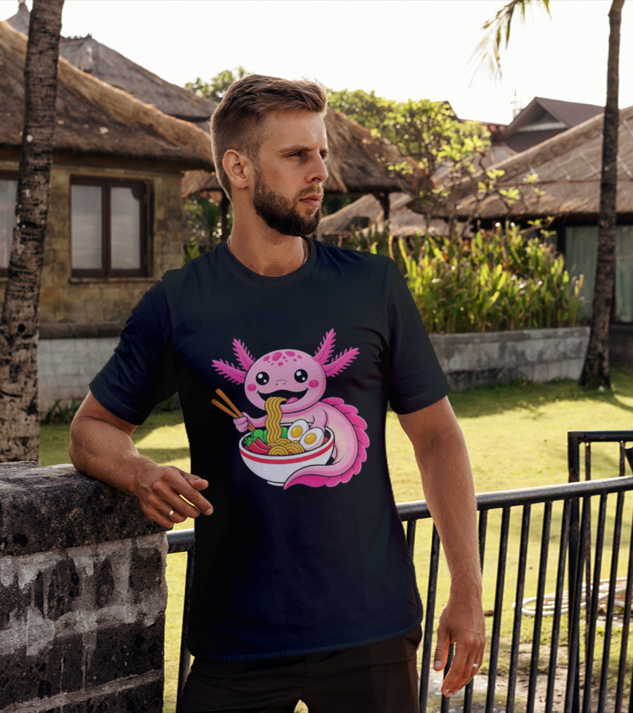 Axolotl Eating Ramen Kawaii Style With Chopsticks And Eggs T-Shirt