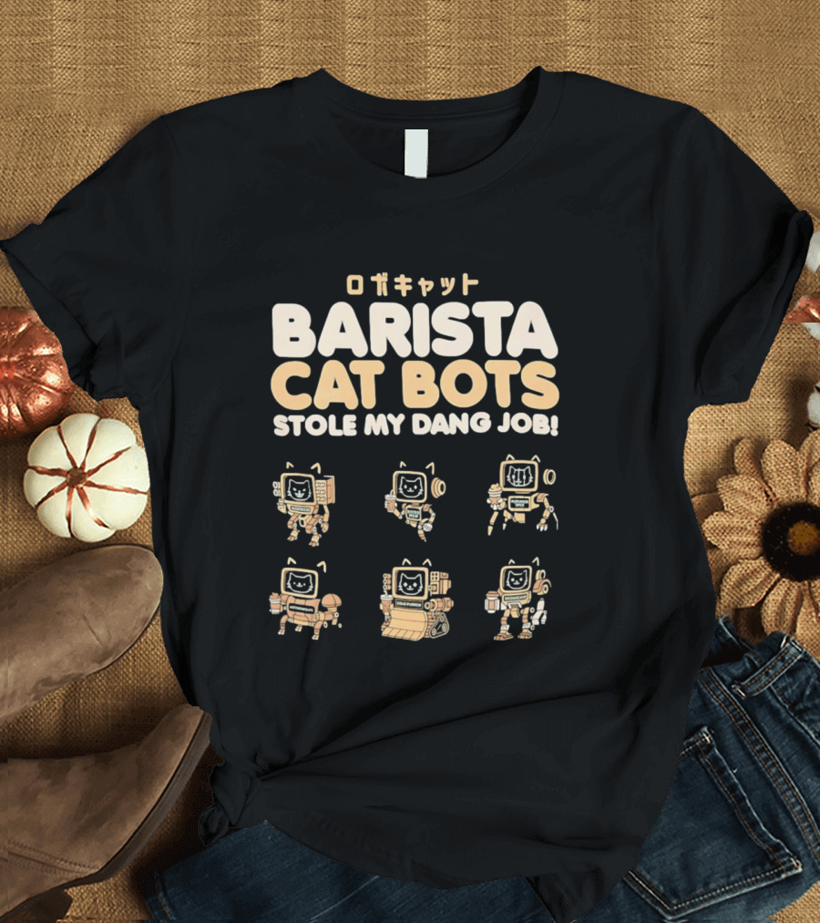 Barista Cat Bots Stole My Dang Job Retro Robot Cats Japanese T-Shirt