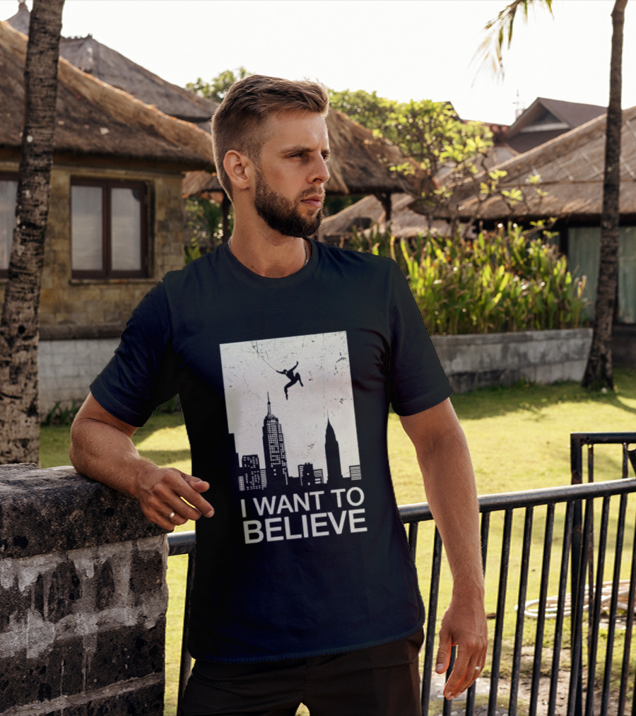 Friking I Want To Believe Swinging Hero Cityscape T-Shirt