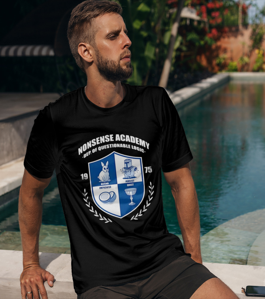 Nonsense Academy 1975 Crest Dept Of Questionable Logic Defend Improvise Persist Quest T-Shirt