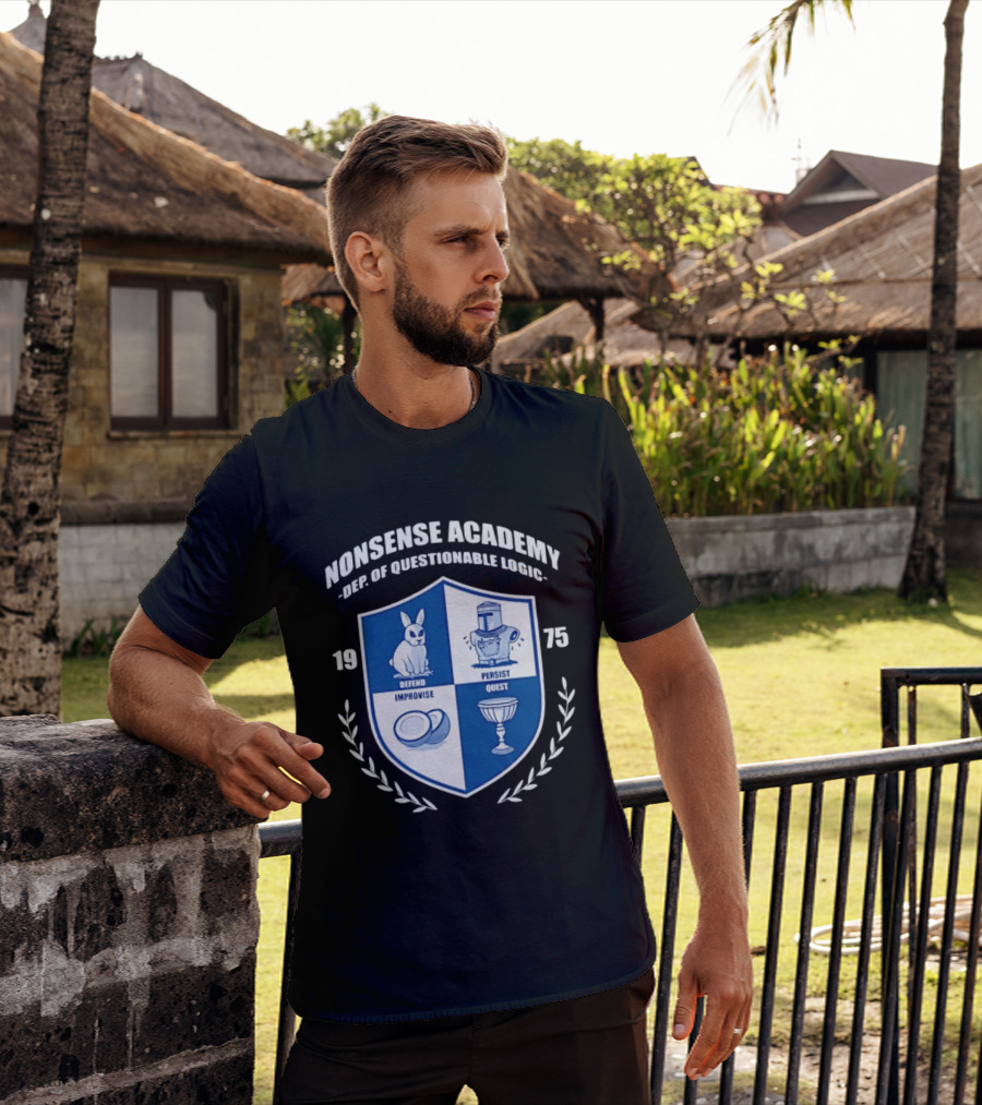 Nonsense Academy 1975 Crest Dept Of Questionable Logic Defend Improvise Persist Quest T-Shirt