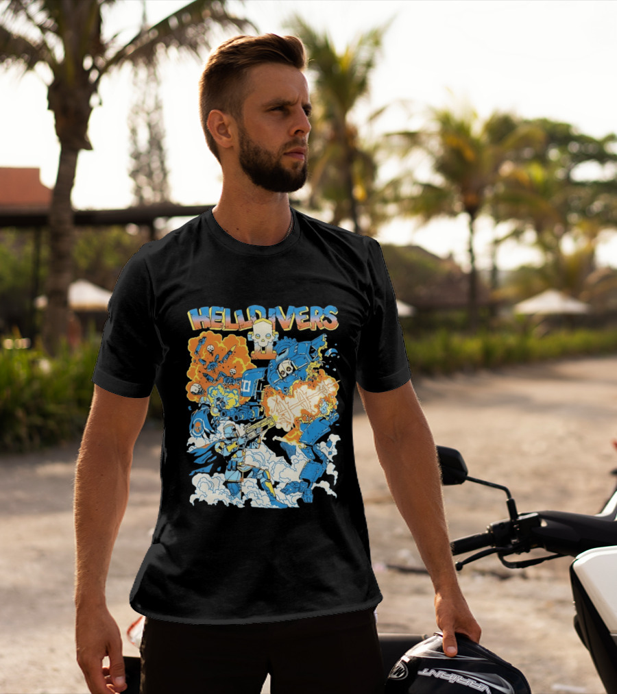 Helldivers Comic Style Explosive Battle Scene Skulls Robots Flames T-Shirt