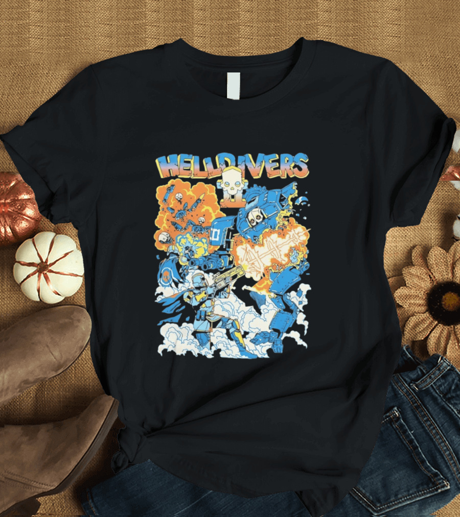Helldivers Comic Style Explosive Battle Scene Skulls Robots Flames T-Shirt
