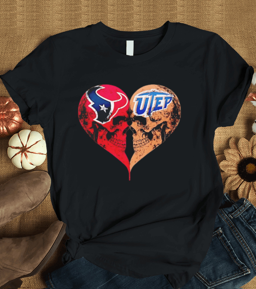 Houston Texans UTEP Miners Skulls Heart Shape Face To Face T-Shirt