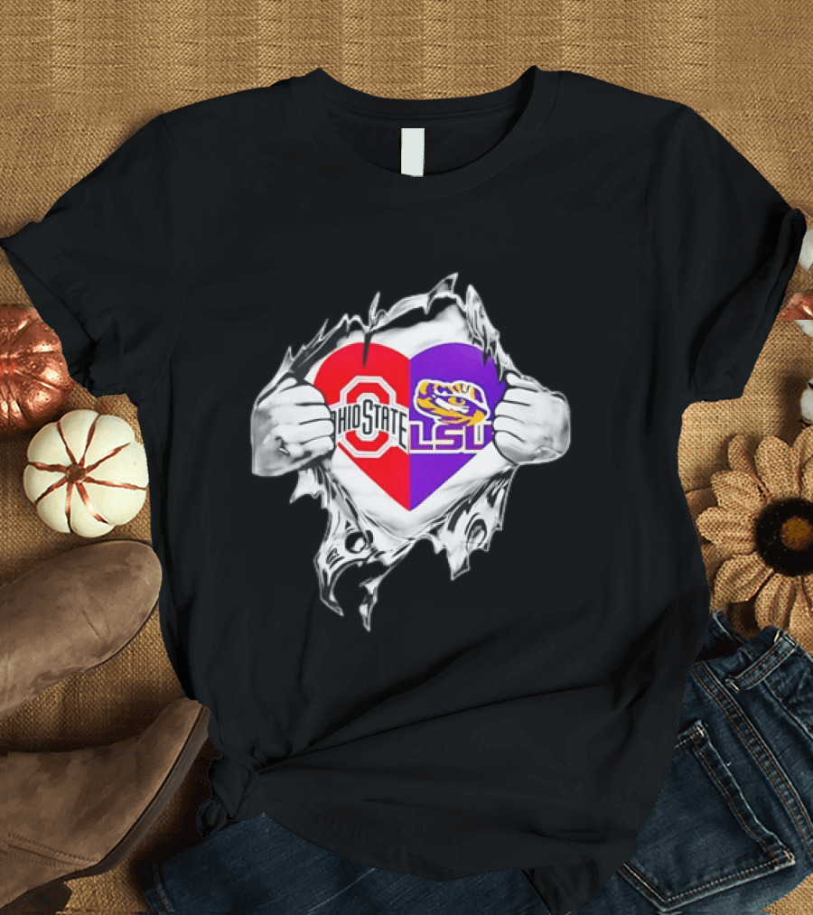 Ohio State LSU Heart Ripped Open Fan T-Shirt