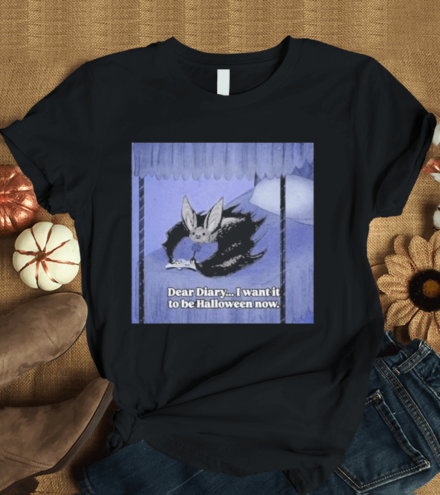 Dear Diary I Want It To Be Halloween Now Bat Creature Bed Scene T-Shirt