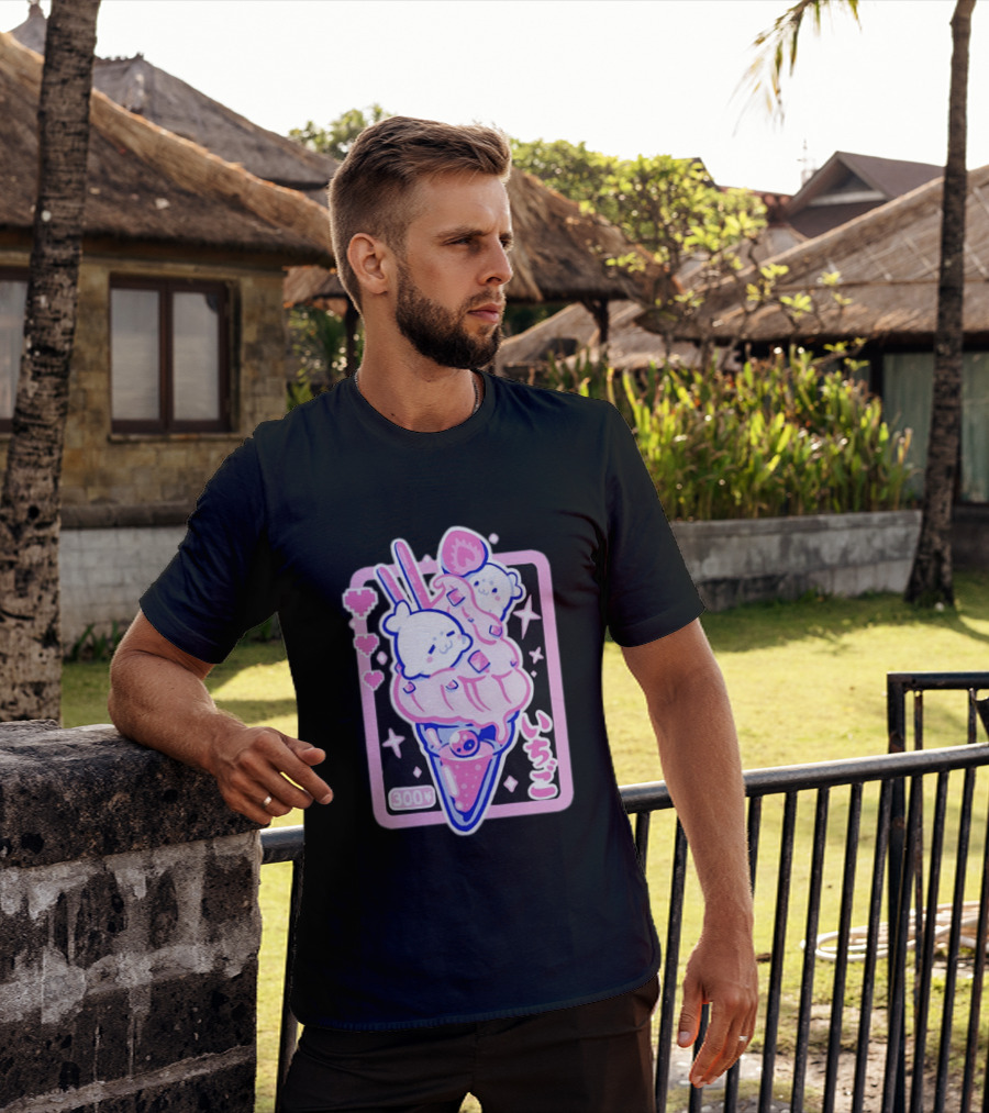 Kawaii Strawberry Ice Cream With Seals And 300 Yen Cute Hearts T-Shirt