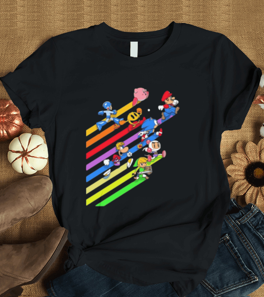 Legends Gaming Mario Pac Man Mega Man Sonic Link Kirby Bomberman Rayman Characters T-Shirt