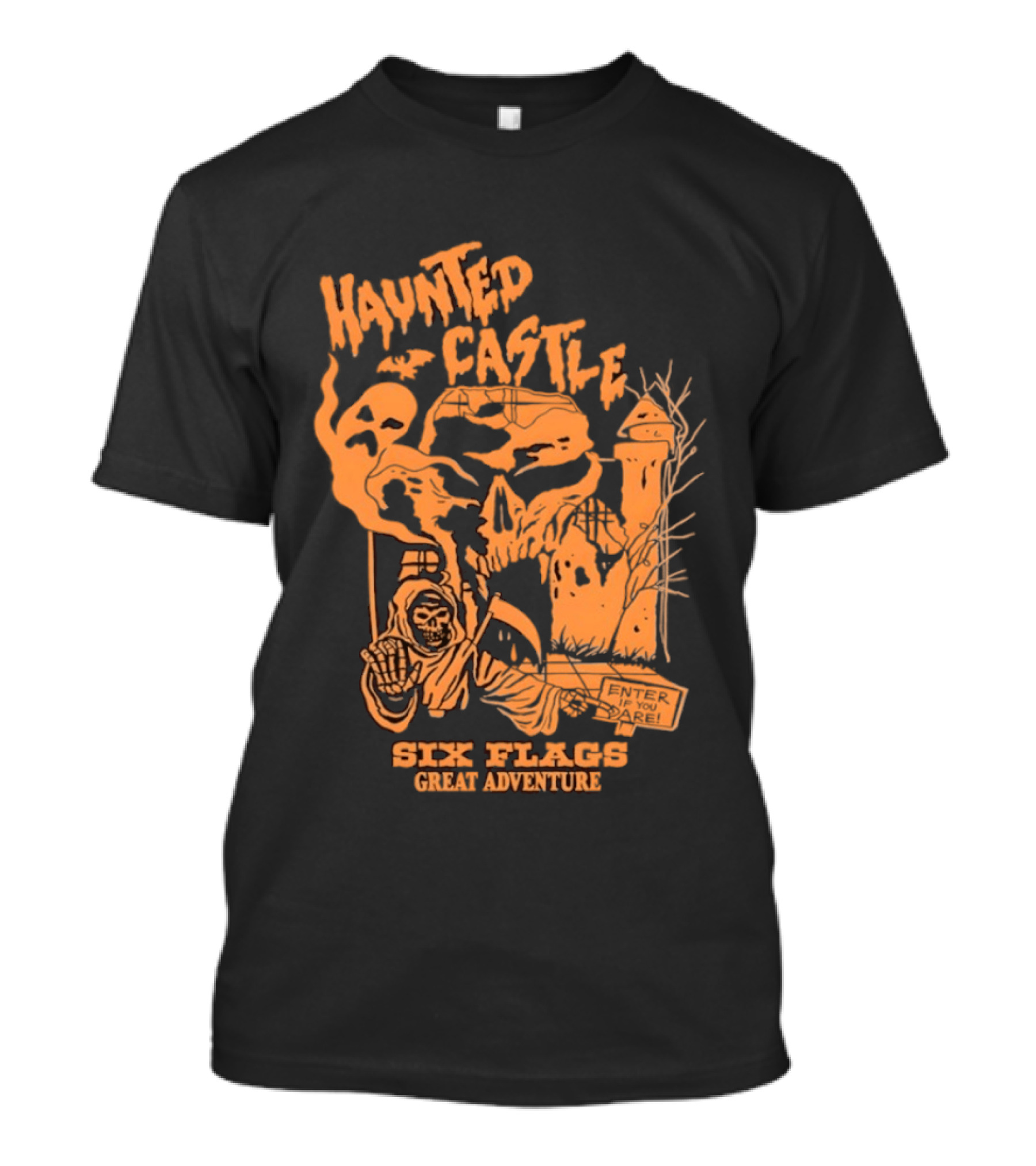 Six Flags Great Adventure Haunted Castle Enter If You Dare Spooky Skeleton And Ghosts T-Shirt