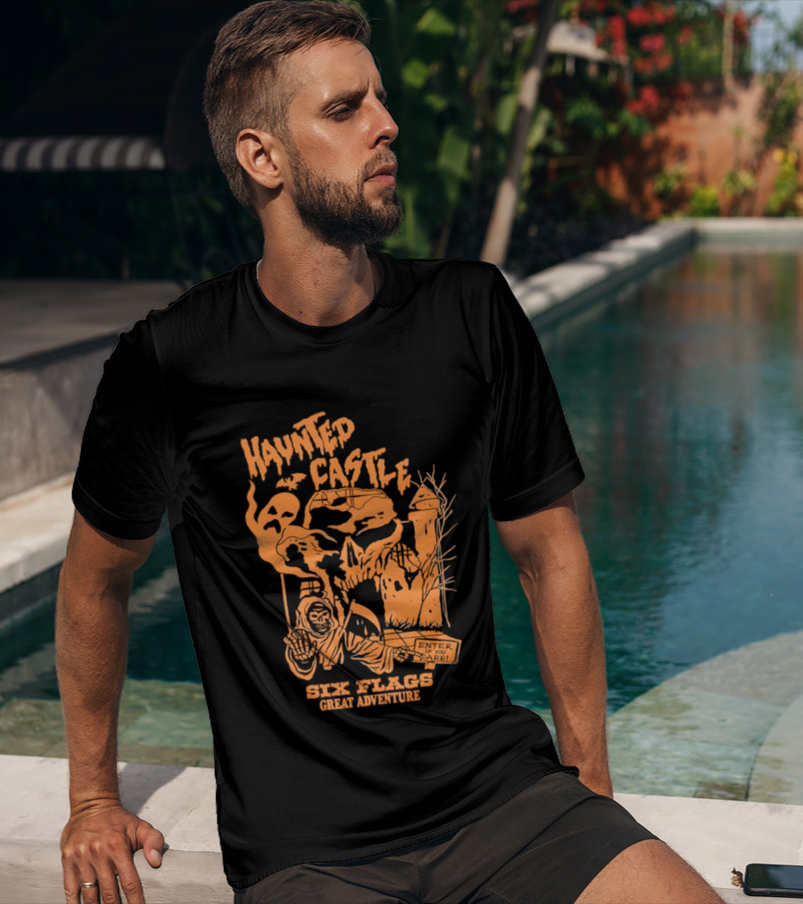 Six Flags Great Adventure Haunted Castle Enter If You Dare Spooky Skeleton And Ghosts T-Shirt