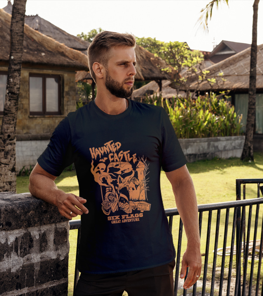Six Flags Great Adventure Haunted Castle Enter If You Dare Spooky Skeleton And Ghosts T-Shirt