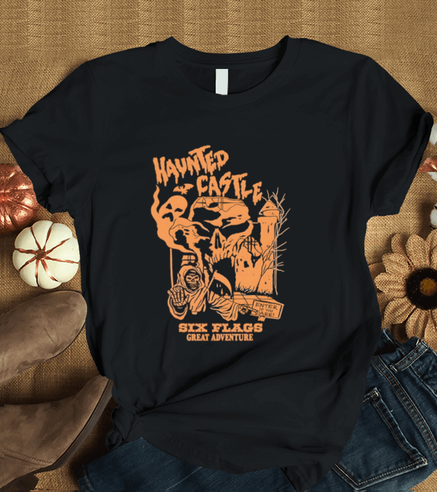 Six Flags Great Adventure Haunted Castle Enter If You Dare Spooky Skeleton And Ghosts T-Shirt