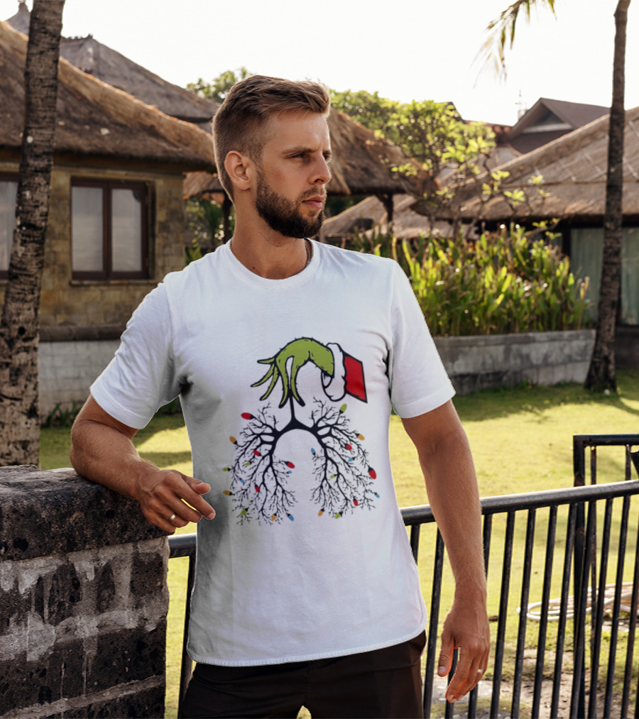 Christmas 2025 Nurse Lungs With Lights And Green Hand Santa Sleeve T-Shirt